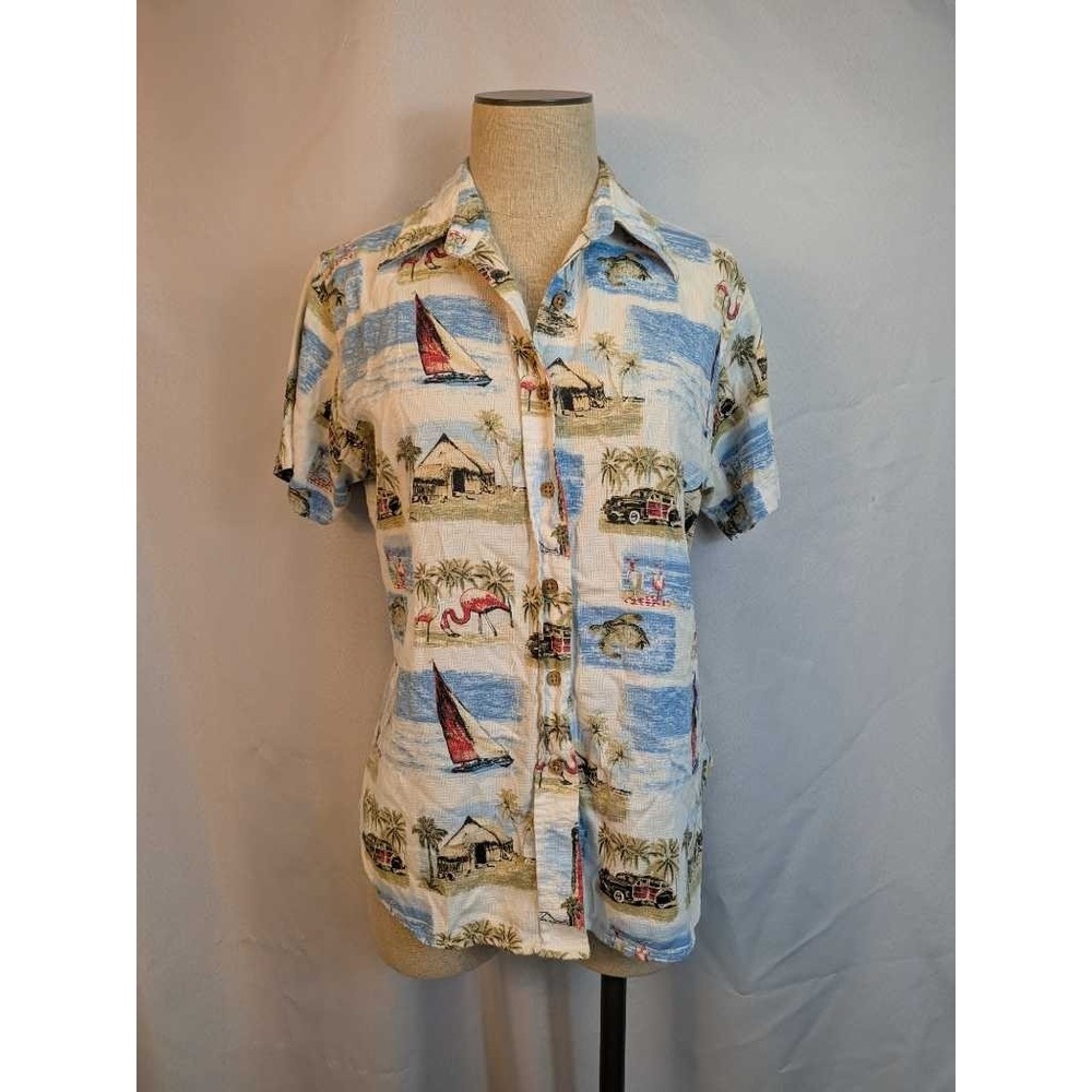 Natural Reflections Flamingo Sailboat Tropical Hawaiian Shirt Size L Resort Wear